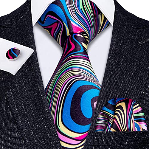 Barry.wang Men Rainbow Ties Silk Novelty Abstract Necktie Pocket Square Cufflinks Wedding Party #TOP2