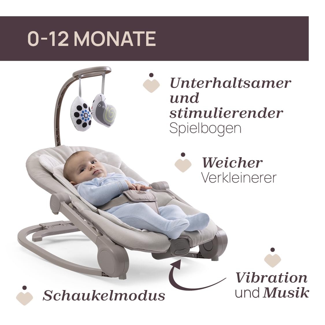 Chicco Wippe Mia 2-in-1, Babywippe und Hochstuhl, Einlage aus Bio-Baumwolle, Wendbare Spielleiste, Musik und Vibration, Schaukel- oder feste Modus, Ab 0 Monaten