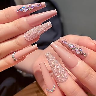 Leuhiove 24 Pcs Bling False Nails with Designs Long Length,Wedding Nails Press ons for Bride,Acrylic Nude Coffin Press on Nails with Rhinestones,Gel Fake Nails Ballerina Pink Glue on for Women