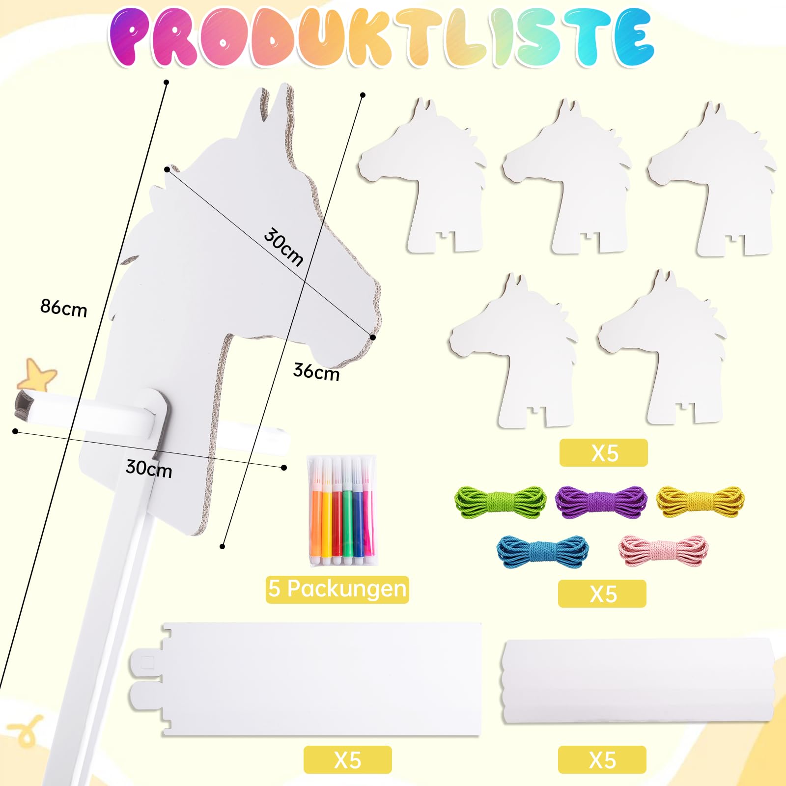 YYSWSAKY 5 Stück Steckenpferde aus Pappe | Pferde Bastelset zum Zusammenstecken | zum Bemalen und Bekleben | Steckenpferd Bastelset mit Halfter und Pinsel | DIY Handwerk für Jungen und Mädchen