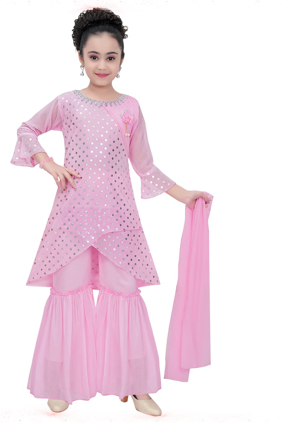 Ethnic Indian Girls Kurta Plazzao Dress Set, Thread Sequin Embriodery, size 3 years to 16 years