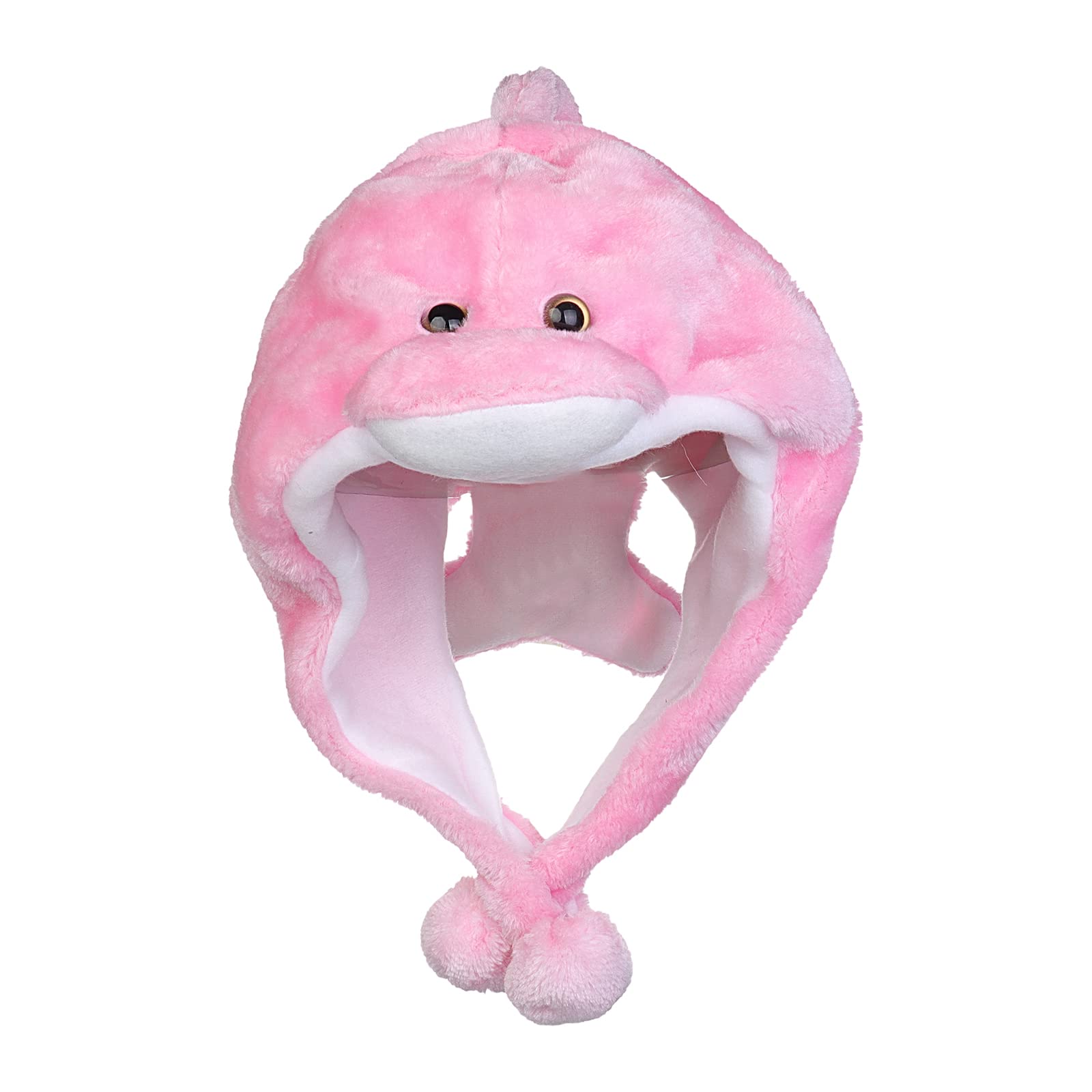 JK Home 2-in-1 Hat with Earflaps Scarf Set Cute Plush Animal Hat Cosplay Costume Headwear Warm Soft Cozy Hats for Kids Adults One Size Novelty Headgear Photo Props Pink Dolphin