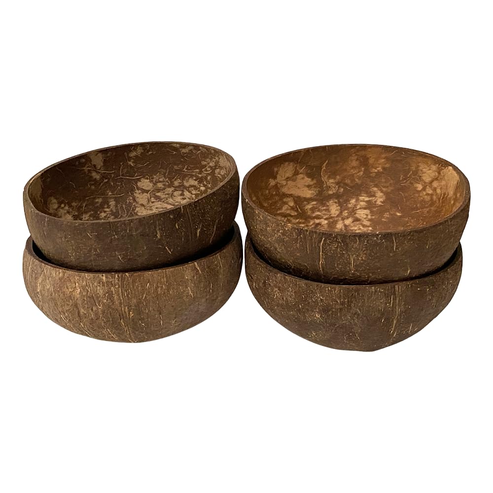 VIE Coconut Bowl, Natural Textured Finish, Large, 13-15cm Diameter, Set of 4
