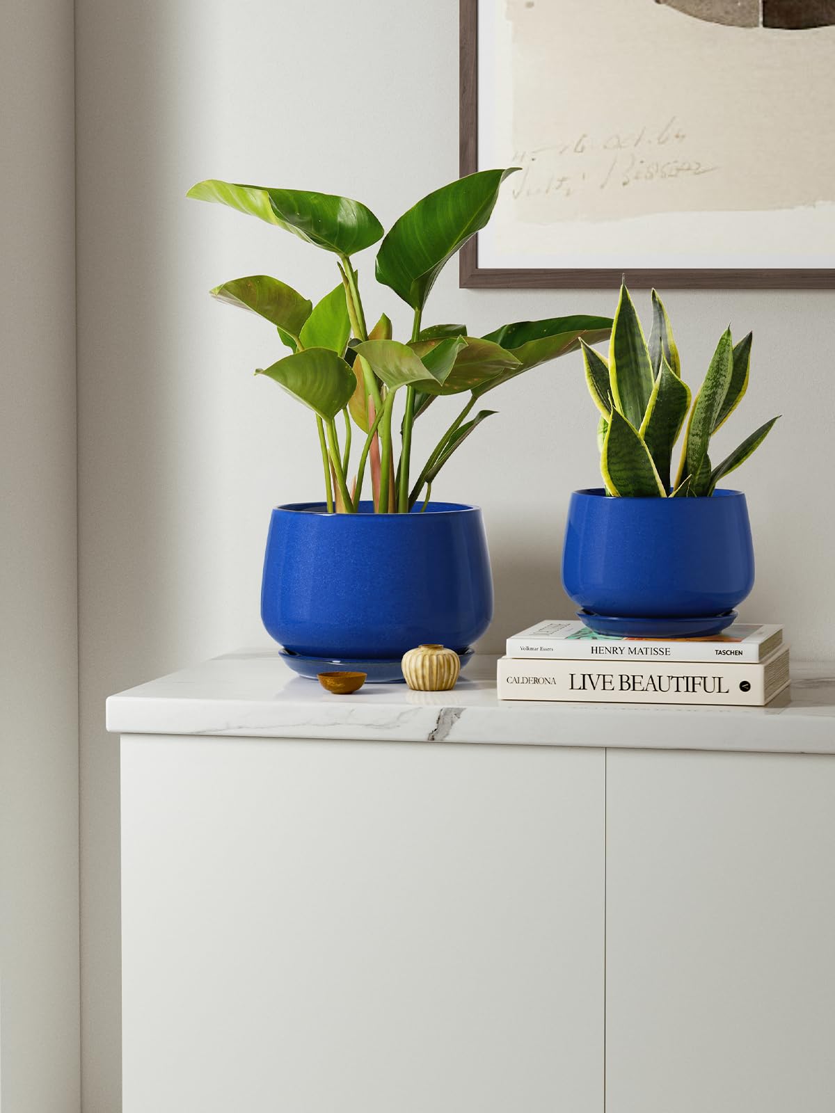 LE TAUCI Pot de Fleurs en Céramique, 11+13+17 cm, Lot de 3, Pot avec Trou de Drainage et Soucoupe, Pot d’Intérieur avec Tapis en Maille, Cadeau pour la Fête des Mères, Bleu Saphir