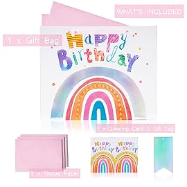 LaRibbons 13 Large Rainbow Birthday Gift Bag with Tissue Paper and Greeting Card, Pink with Holographic Design, Perfect for Girls and Kids Birthday