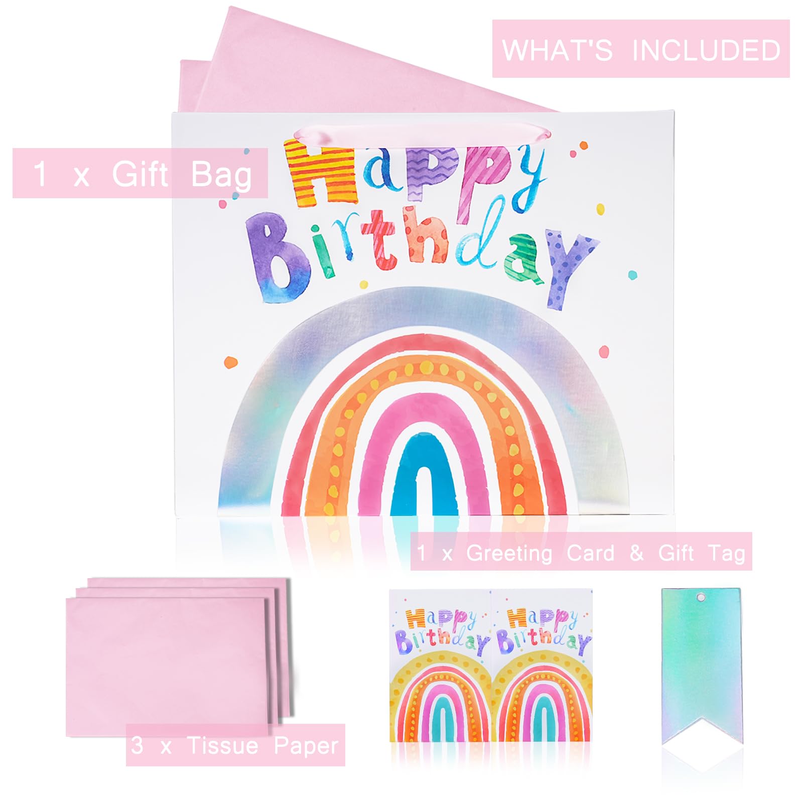 LaRibbons 13" Large Rainbow Birthday Gift Bag with Tissue Paper and Greeting Card, Pink with Holographic Design, Perfect for Girls and Kids Birthday