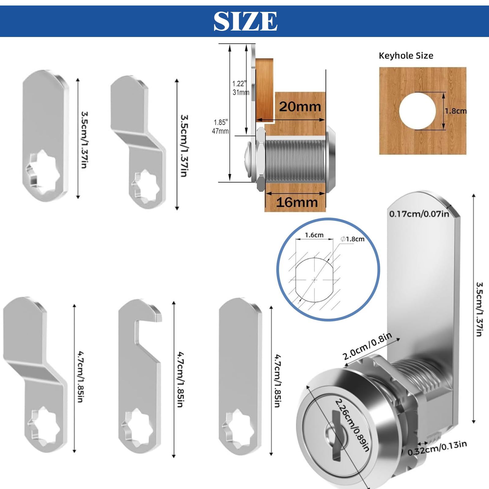 Cabinet Lock 20mm, Equipped with 5 Different Lock Plates, 5 Key Locker Locks, Cam Lock with Spanner and Screwdriver - Image 2