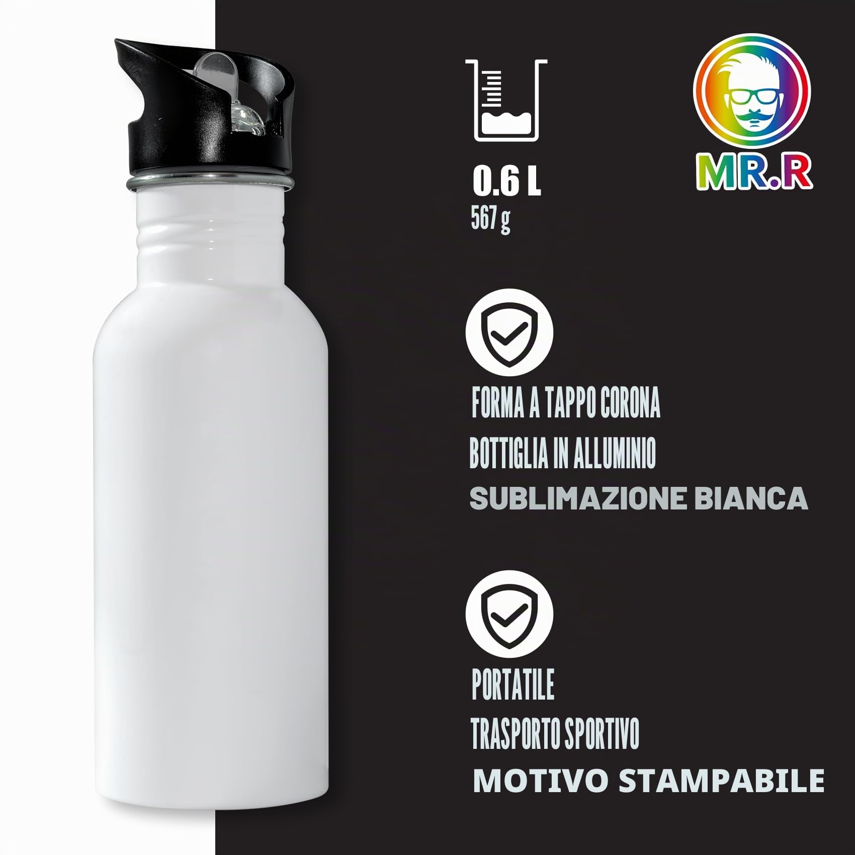 MR.R 6 bottiglie d'acqua in alluminio per sublimazione con corona bianca, da 600 ml, con coperchio superiore con cannuccia, 600 ml