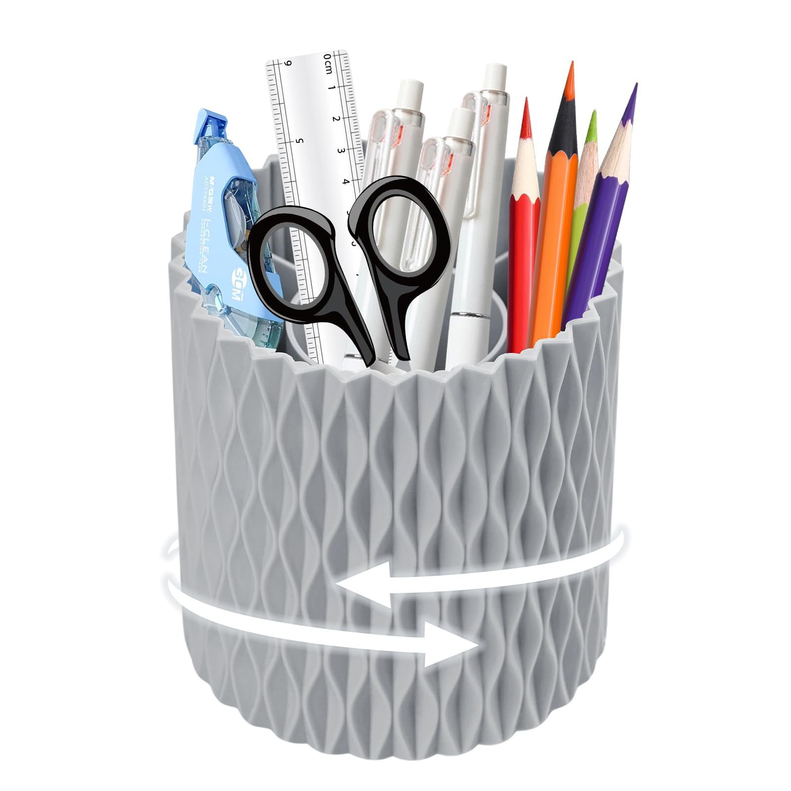 MYHOGOOD Desk Organisers Pen Holder 360° Rotating Makeup Organiser Stationary Desk Organisers with 5 Compartments Pen Pot for Home Office School Classroom (Grey)
