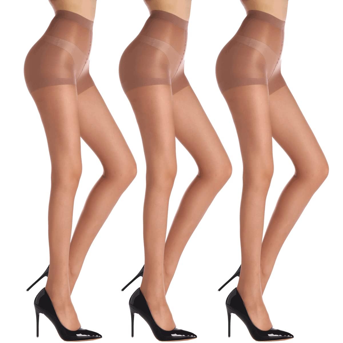 WAJIAFAR 3 Pack Women's Sheer High Waist Tights with Support and Reinforced Toes Pantyhose (Caramel, L)