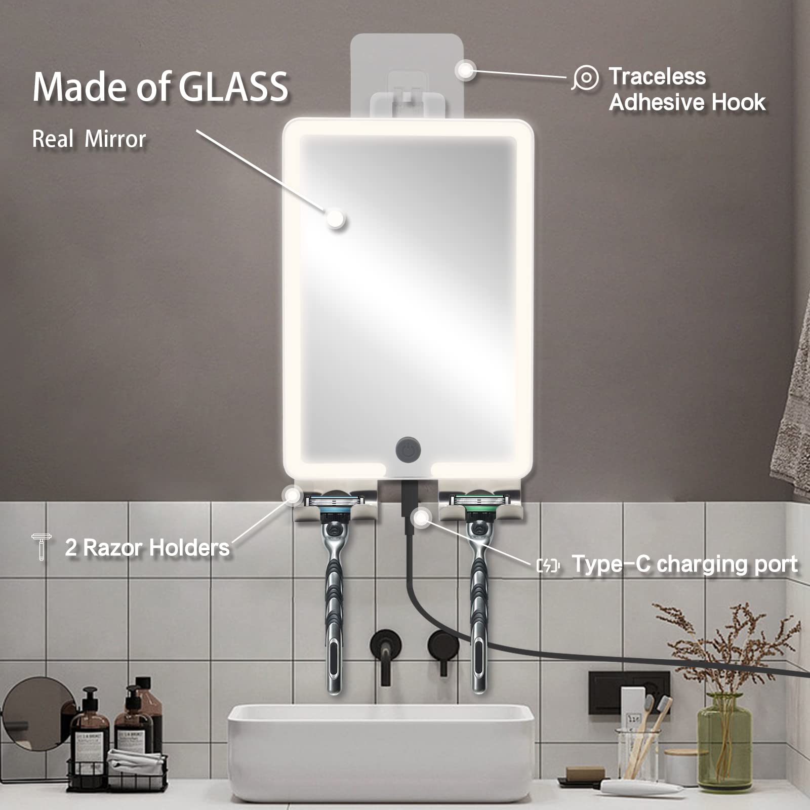 JADAZROR Miroir de Douche Chauffant antibuée pour Le Rasage, Miroir de Douche avec 3 lumières de Couleur, 24 x 18 cm antibuée Miroir de Rasage Mural avec Support de Rasoir(Noir