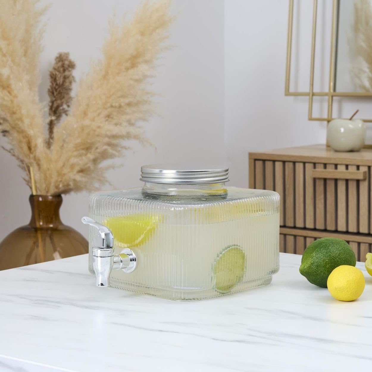 Dispensador de bebidas de cristal, dispensador de agua, 3 l, con grifo, dispensador de zumo, dispensador de limonada, recipiente para bebidas con tapa, cuadrado estriado
