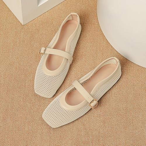 Women's Mesh Flats Shoes Dressy Comfortable Square Toe Flats with Buckle Strap Casual Mary Janes3