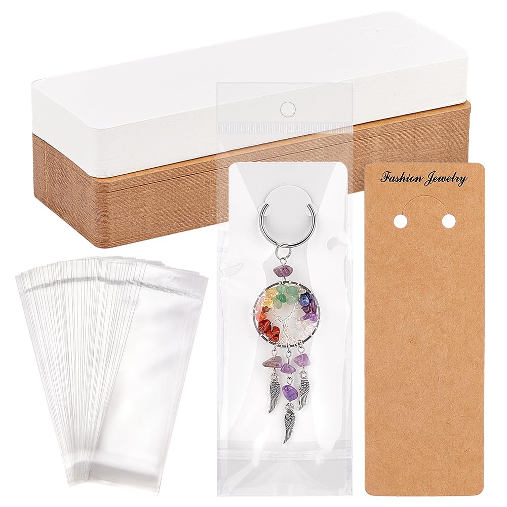 PH PandaHall 100 Sets Keychain Display Cards with Self-Sealing Bags, 5.9x2 Inch Long Keychain Cards Holder Paper Keyring Display Holder for Displaying Keyring Keychains Jewelry Packaging, White/Brown