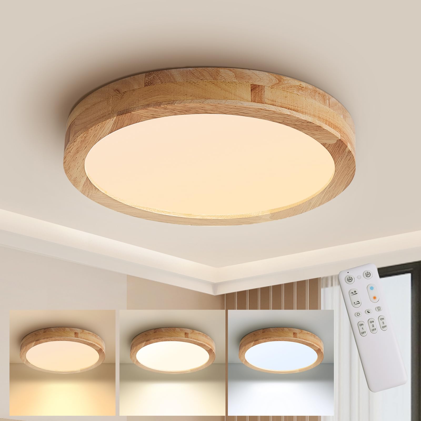 LED Lámpara de Techo, 40CM Plafon LED Techo de madera regulables de con control remoto 28W 3000K-6000K Ronda de luz de techo Lámpara redonda para dormitorio/oficina/cocina/guardería/pasillo…