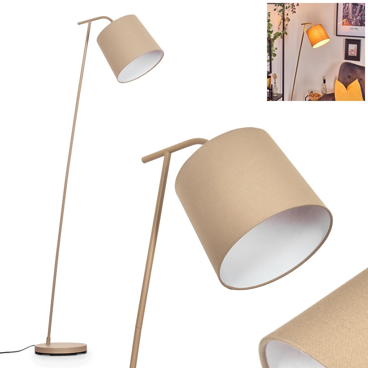 Lampada da terra Palmeiros, lampada da terra in metallo/tessuto beige/bianco, lampada in stile boho con paralume rotondo (Ø 25 cm) e interruttore a pedale, altezza 160 cm, 1 x E27, senza lampadina