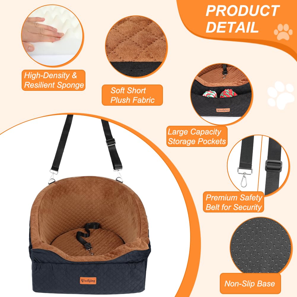 Vivifying Hunde Autositz für kleine bis mittlere Hunde, Waschbarer Hundesitz Auto mit Sicherheitsgurt und Aufbewahrungstaschen, Erhöhter Hundeautositz für Vorder- und Rücksitz, Braun