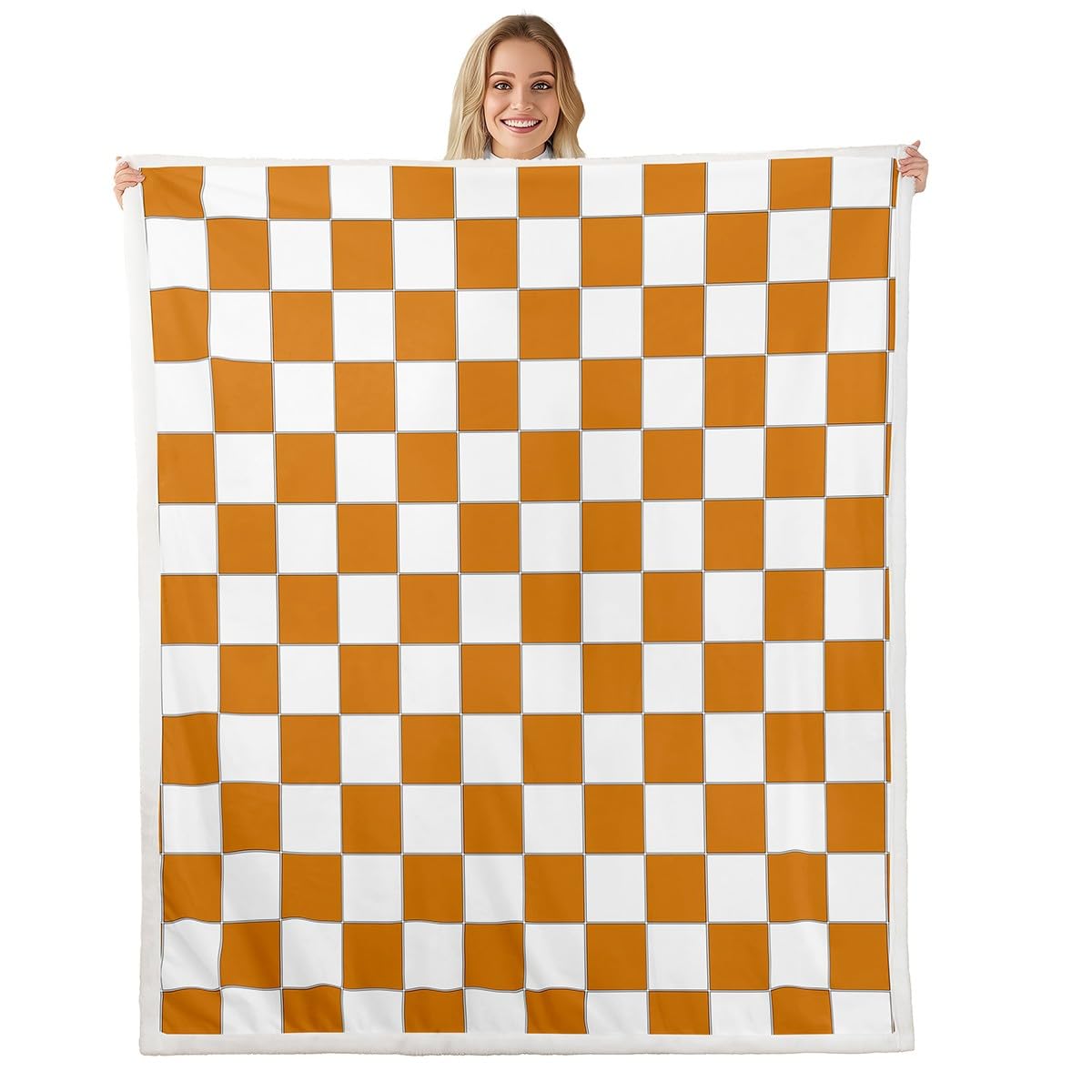 Erosebridal White Orange Checkered Fleece Bed Blanket Baby 30"X40" Buffalo Plaid Grid Throw Blanket,Checkerboard Sherpa Blanket for Kids Adults Men Women Aesthetics Gingham Flannel Blanket
