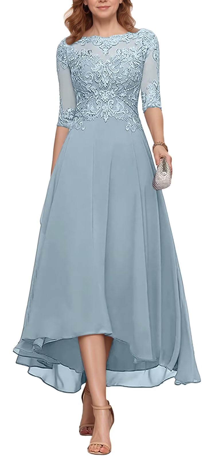 Lace Appliques Chiffon Mother of The Bride Dresses for Wedding 3/4 Sleeves Ruffles Evening Formal Gown MJ0032