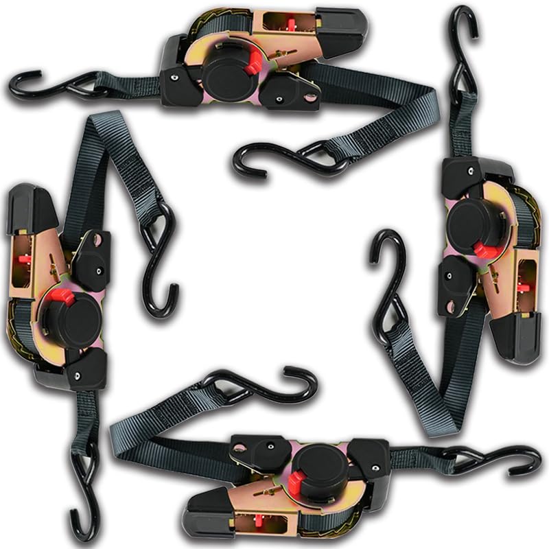C hello cloud Retractable Ratchet Straps Heavy Duty 4 Pack 1" X 11.5’ Black Ratchet Straps Self Retractable Tie Down Straps Contained Tiedowns for Motorcycles, Atvs, Bikes, Boats