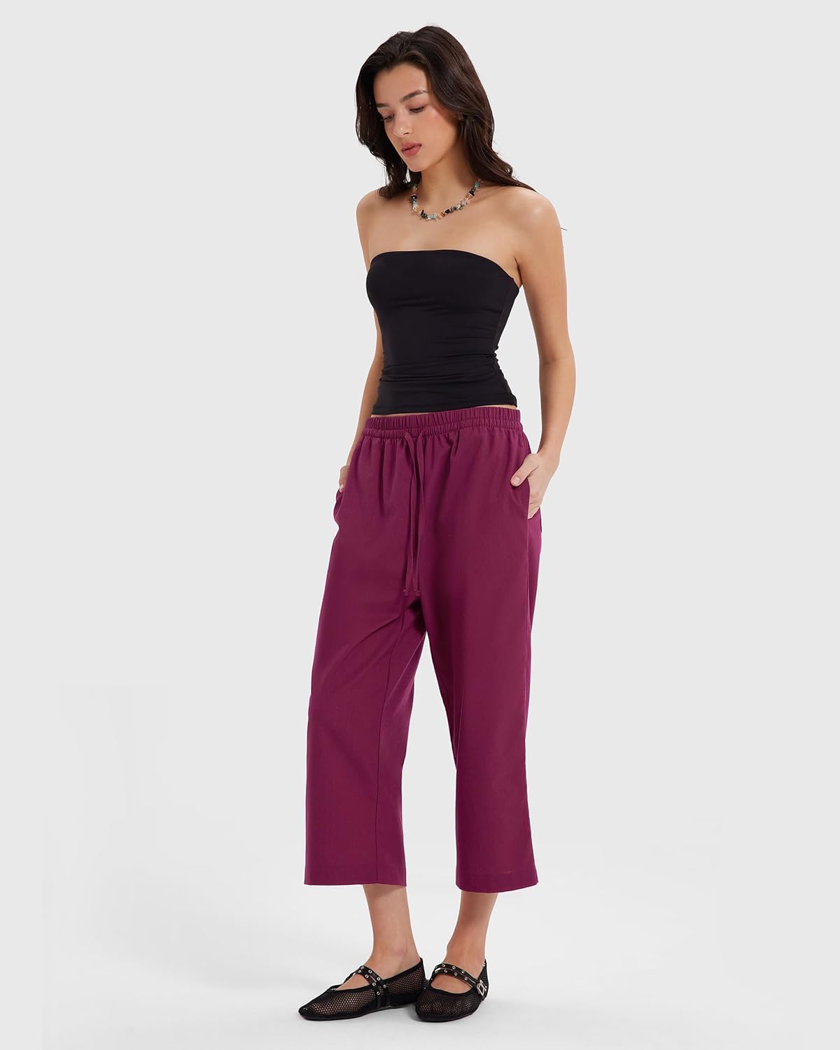 MOOSLOVER Women Linen Summer Capri Pants Drawstring Elastic Waist Wide Leg Pants Casual Straight Leg Pants with Pocket - Image 3