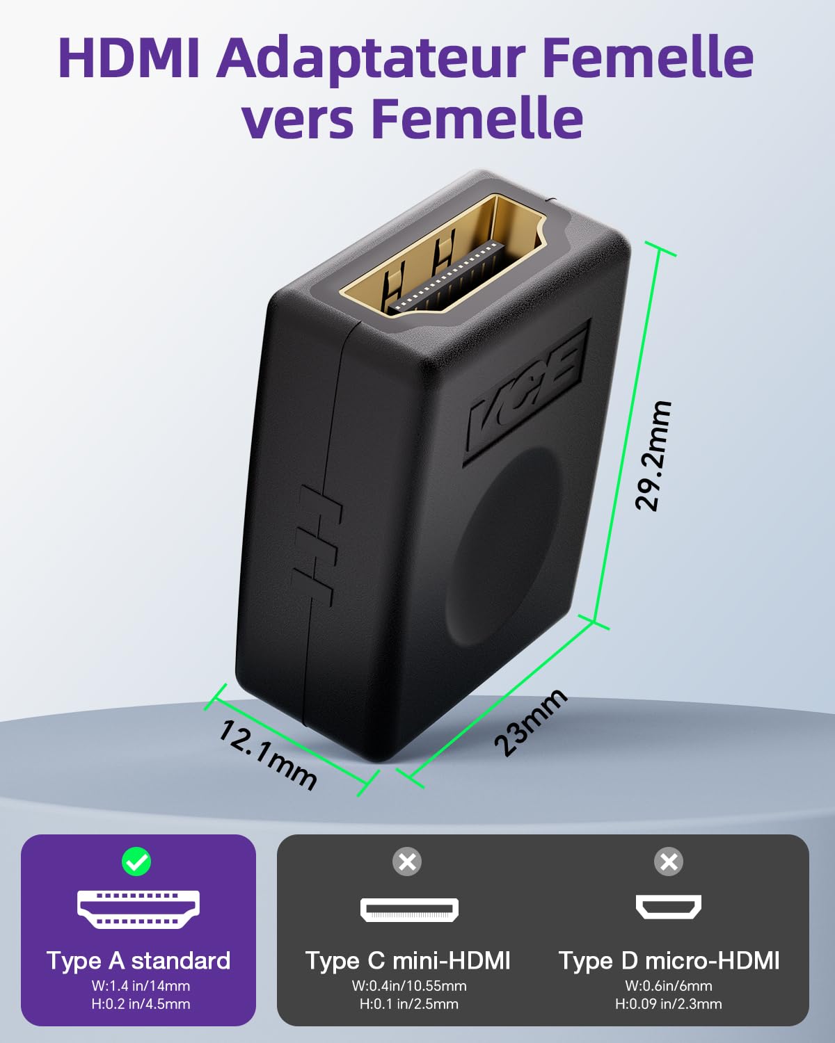 VCE Coupleur HDMI Femelle Femelle 4K 3D Rallonger des Câbles HDMI Lot de 2