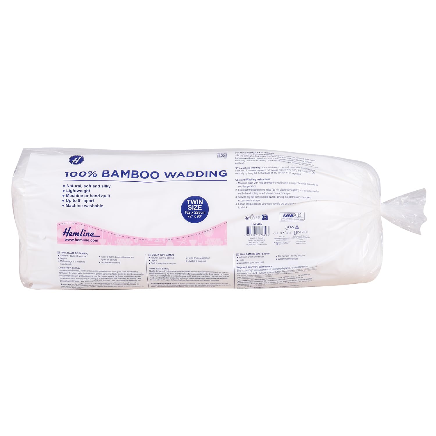 Hemline 100% Bamboo Wadding Quilting Non-Allergenic Twin 182 x 228cm