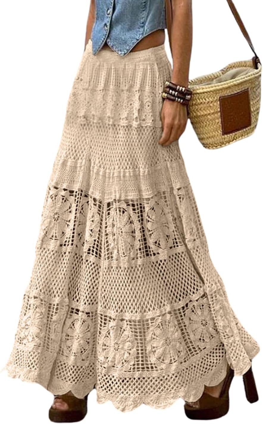 LLECDASEUI Women's Western Floral Lace Crochet Knit Maxi Boho Skirts A-Line Eyelet Hippie Flowy See-Through Long Skirt (Khaki,One Size)