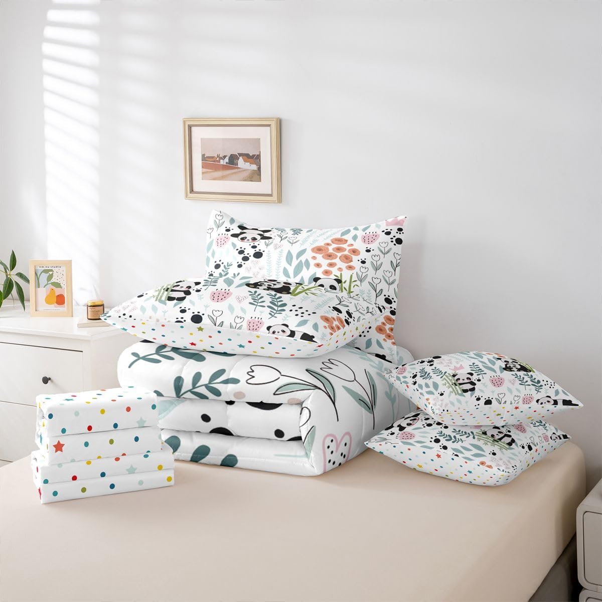 Erosebridal 7 Piece Kids Panda Queen Comforter Set with Sheets, Forest Zoo Animal Print Panda Bedding Set for Girls Boys, Green Leaf Pink Floral Bed in a Bag Paw Print Colorful Fitted Flat Sheet