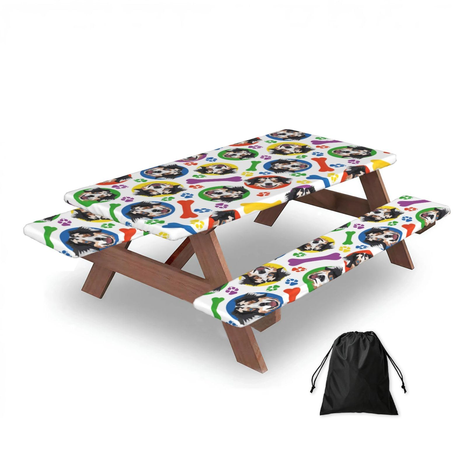 Dopklna As Picture Colorful And Playful Australian Shepherd, Picnic Table Cover With Bench Covers -Waterproof Elastic Fitted Tablecloth For Garden Camping Patio 76X152cm