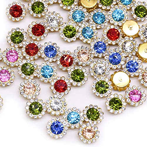 YONGSNOW 100pcs Multicolor Crystal Flower Shape Rhinestone Buttons Sew on Rhinestone Flatback Rhinestone Gold Base with Setting Claw DIY Garments Dress Headdress Embellishments (Mix Color)