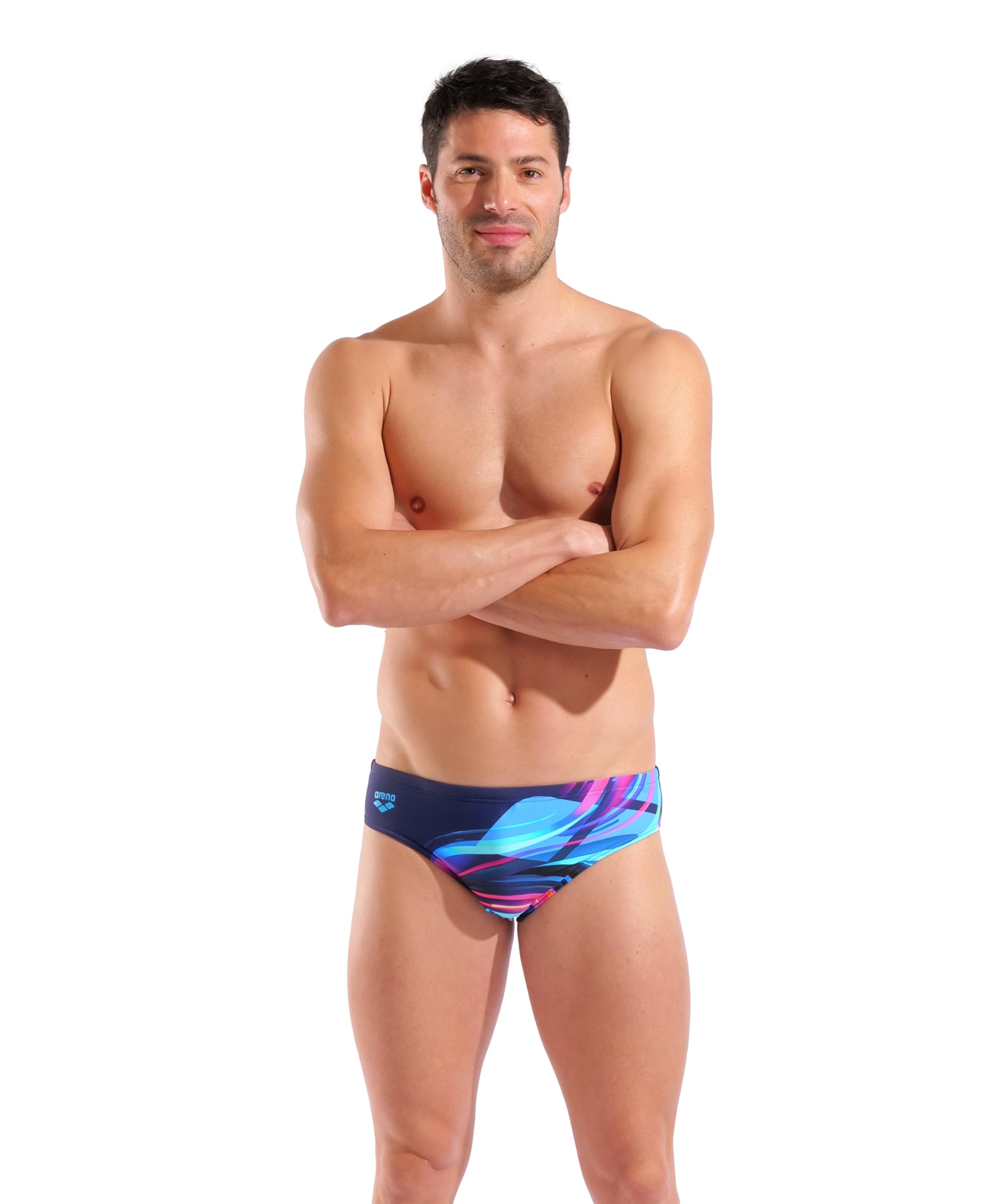 ARENA mens Arena Feel Men's Bloom Swim Briefs Comfortable Stretchy Bathing Suit for Pool Beach Swim Briefs (pack of 1) 42 Multi Navy/Navy