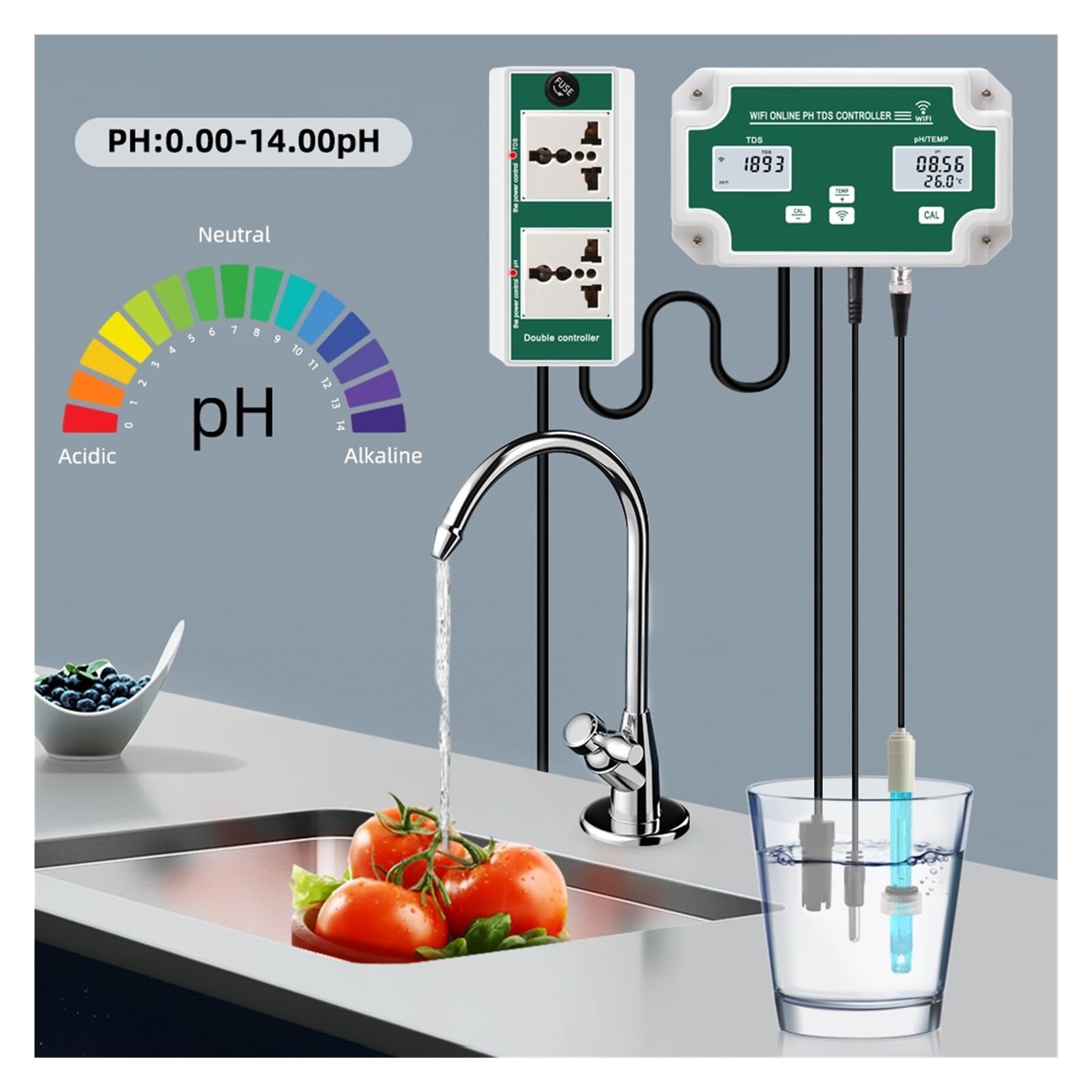 Testeur de qualité de l'eau Contrôleur de température et de potentiel d'oxydoréduction (ORP) WiFi, analyseur de qualité de l'eau, enregistreur de données, testeur de pH, moniteur en ligne à distance