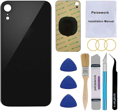 Perzework Reemplazo de vidrio trasero OEM para iPhone XR de 6.1 pulgadas con kit de herramientas de reparación y adhesivo preinstalado (negro)