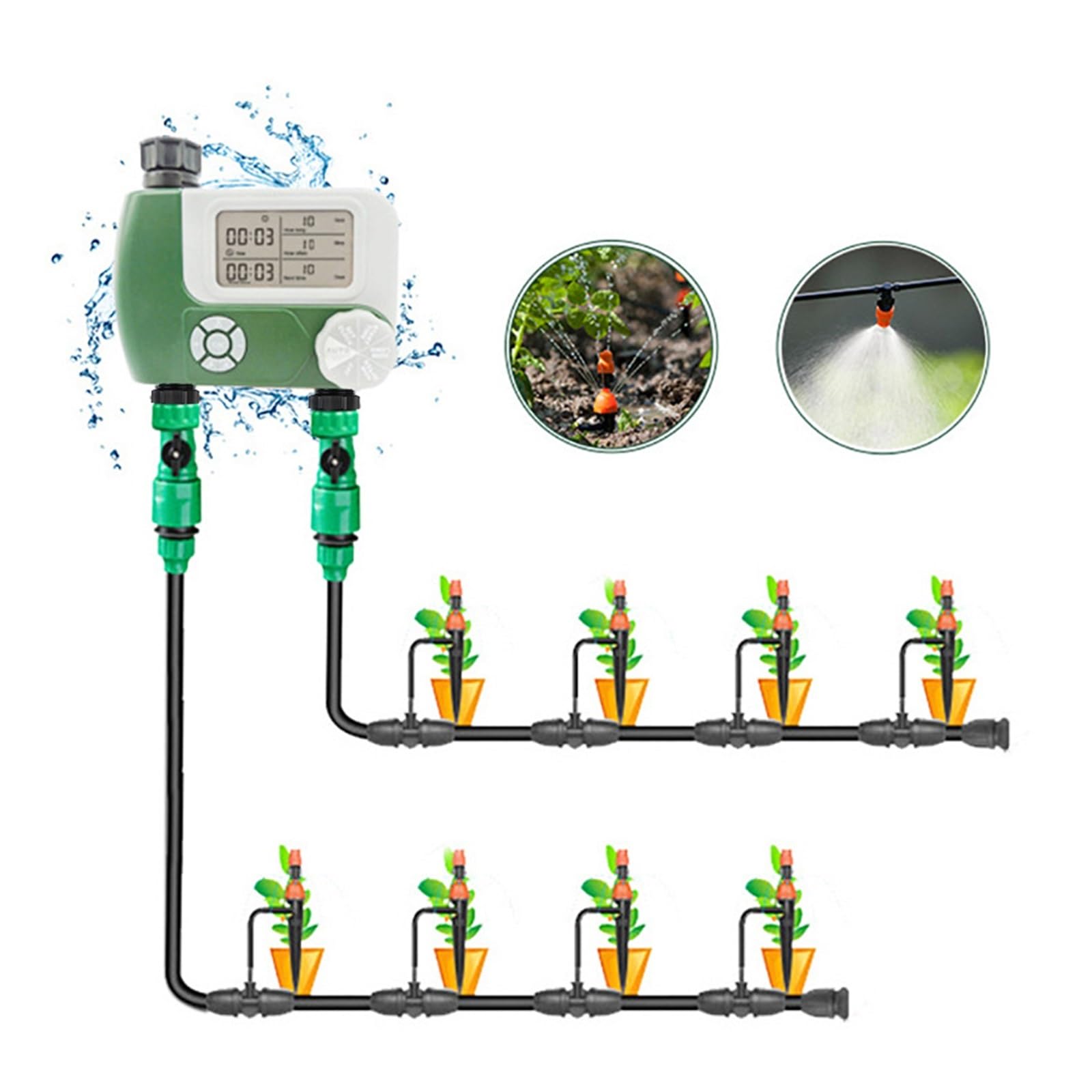 Cyfrowy minutnik wody, Timer Do Podlewania Programowalne Automatyczne Timery Cyfrowego Sterownika Ogrodowego Wąż I Kran Z 2 Wylotami Nawadniania do podlewania węża ogrodowego(Plastic Connectors)