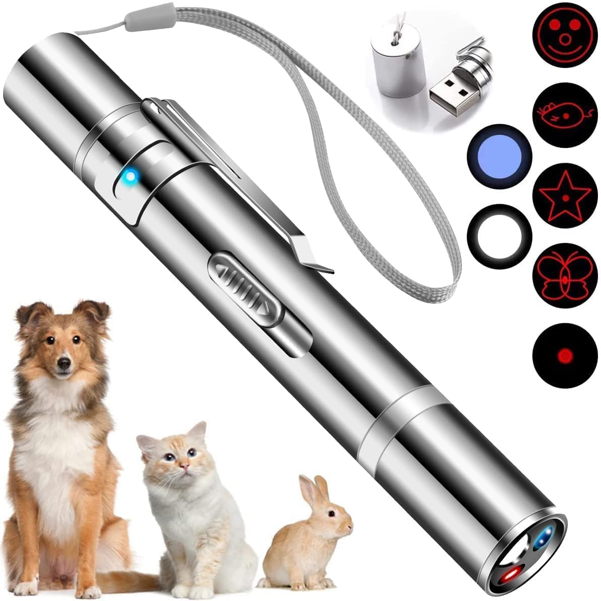 Delieu Cat Toy, Cat Chaser Toys Interactive Chase Cat Dog Toys, 7 in 1 Multi-Pattern Long Range 3 Modes Projection Playpen for Kitten Outdoor Pet Chaser Tease Stick Training Exercise, USB Recharge