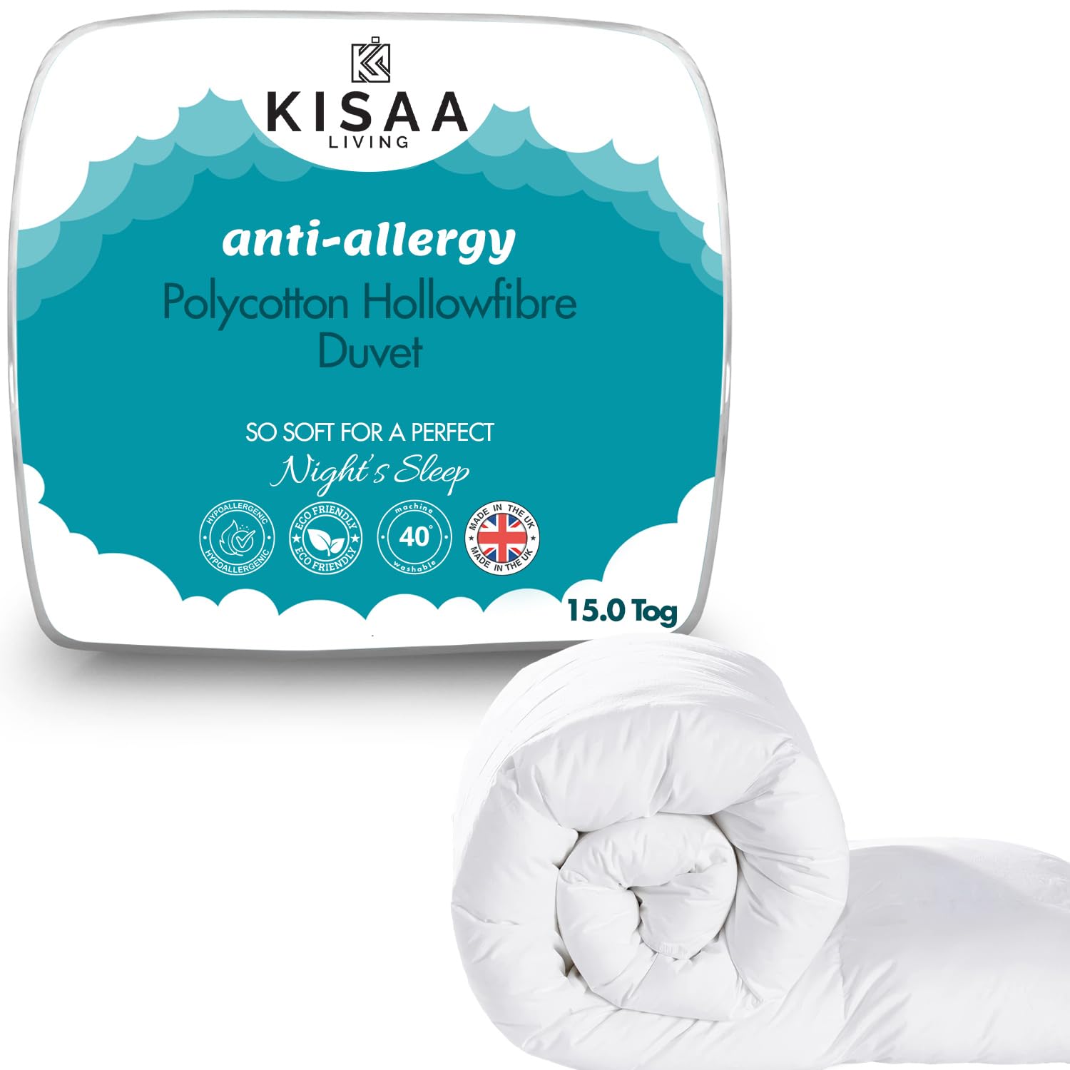 KISAA Living 15 Tog Super King Duvet - Winter Polycotton Quilt with Hollowfibre Filling, Anti-Allergy, Hypoallergenic, Extra Warm & Cosy Bedding for Cold Nights