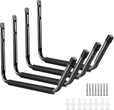 Ihomepark Heavy Duty Garage Indoor Kayak Storage Hooks Hanger, Wall Mounted Utility Hanging Cradle Rack for Canoe Paddle Board, Ladder, Folding Chairs, Hose, Bicycle and Tools 4 Pack, Black