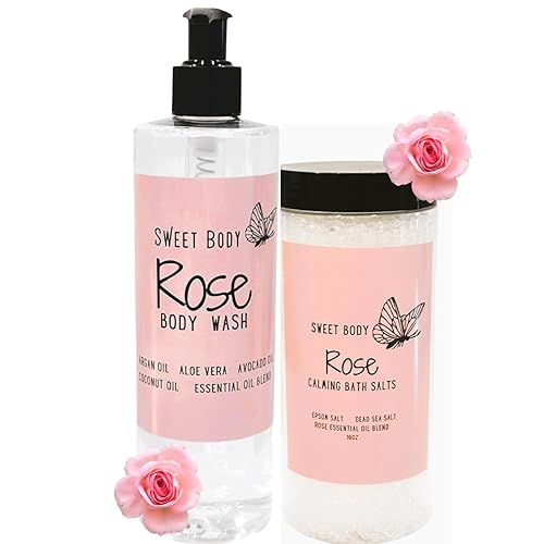 Sweet Body Rose Body Wash + Bath Salt Set  Natural Moisturizing Shower Gel  Sulfate Free, Paraben Free, Dye Free Naturally Derived Clean Ingredients