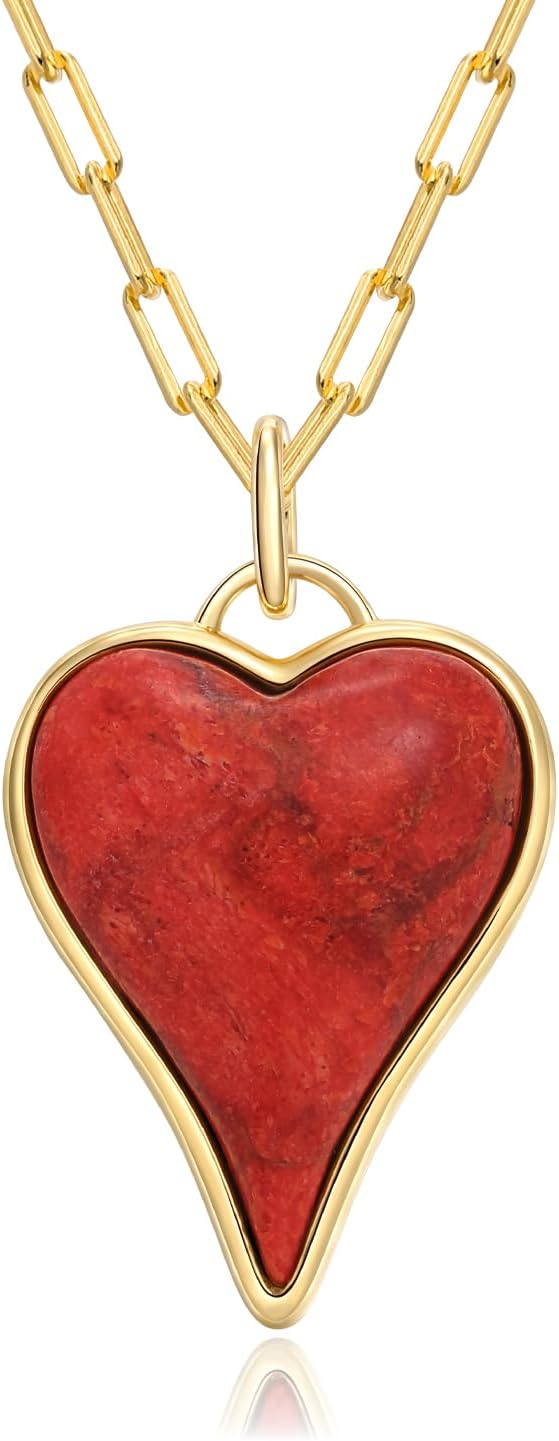 AIBAO Long Heart Necklaces for Women Rhodium plated Sterling Silver Paperclip Chain Necklace Turquoise/Coral/Malachite Pendant Western Jewelry