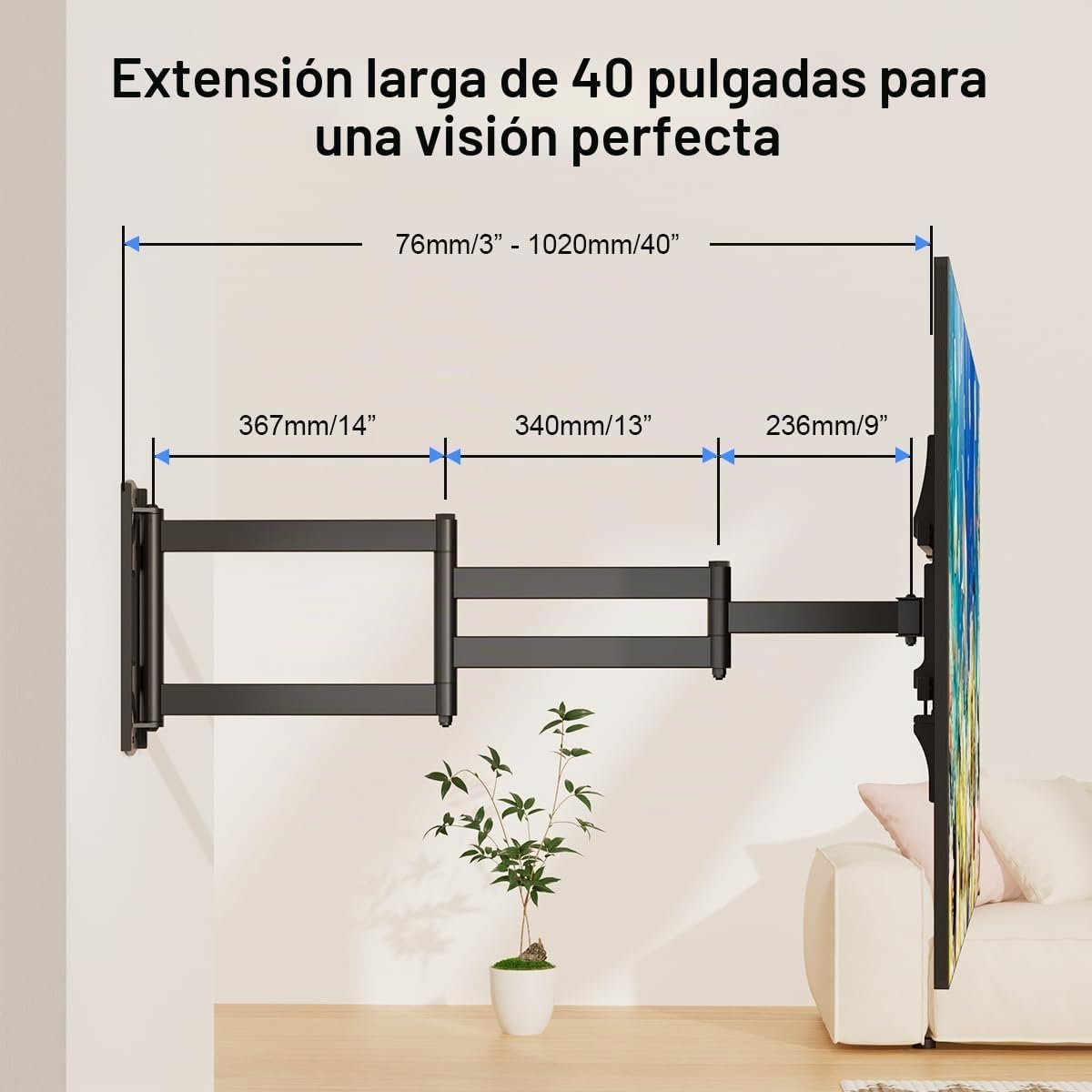 suptek Soporte TV de Pared con Brazo Largo de 101cm: Soporte Monobrazo para Esquina, 32-75 Pulgadas, Giro de 90° e Inclinación, VESA 600×400, Carga 40kg, MA1075L 3