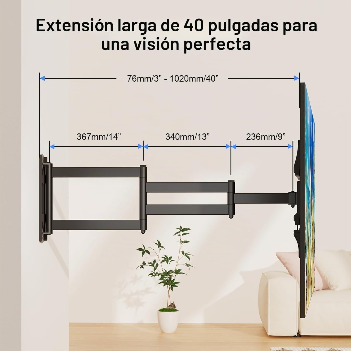 suptek Soporte TV de Pared con Brazo Largo de 101cm: Soporte Monobrazo para Esquina, 32-75 Pulgadas, Giro de 90° e Inclinación, VESA 600x400, Carga 40kg, MA1075L