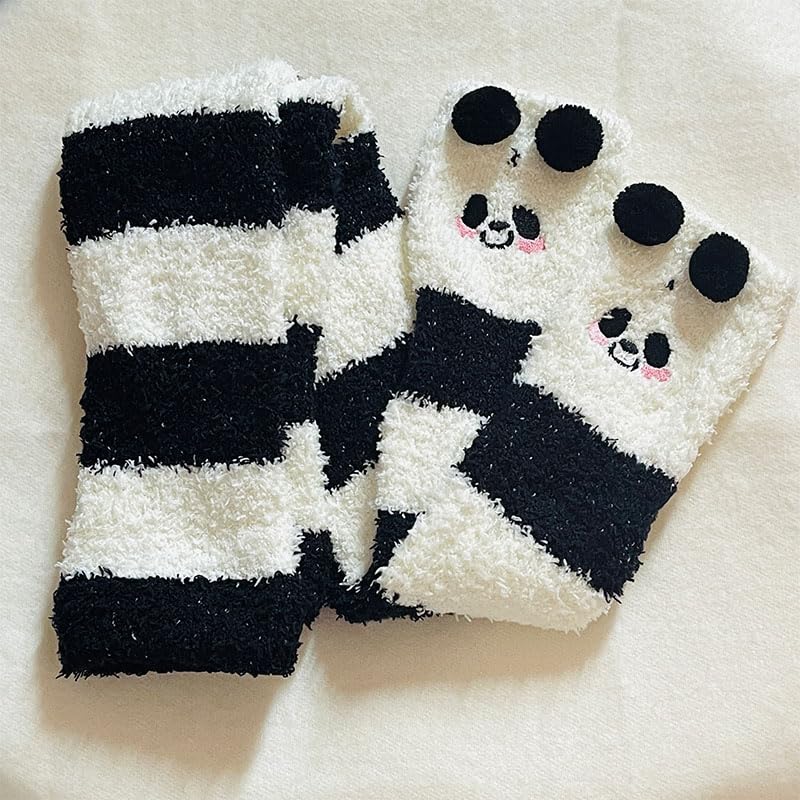 Image of 2Pcs Cute Animal Patterns Thigh High Stockings for Women Warm Stripe Leg Warmers Fuzzy Socks Over Knee High Fuzzy Socks