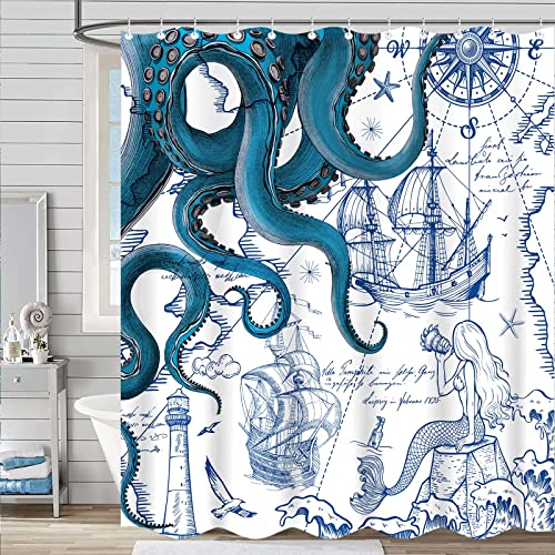 Fungarth Blue Nautical Octopus Shower Curtain Navy Mermaid Funny Ocean Kraken Shower Curtains For Bathroom Cool Anchor Coastal Map Waterproof Fabric Bath Curtain Decor With Hooks (Blue, 72” X 72”) #TOP3