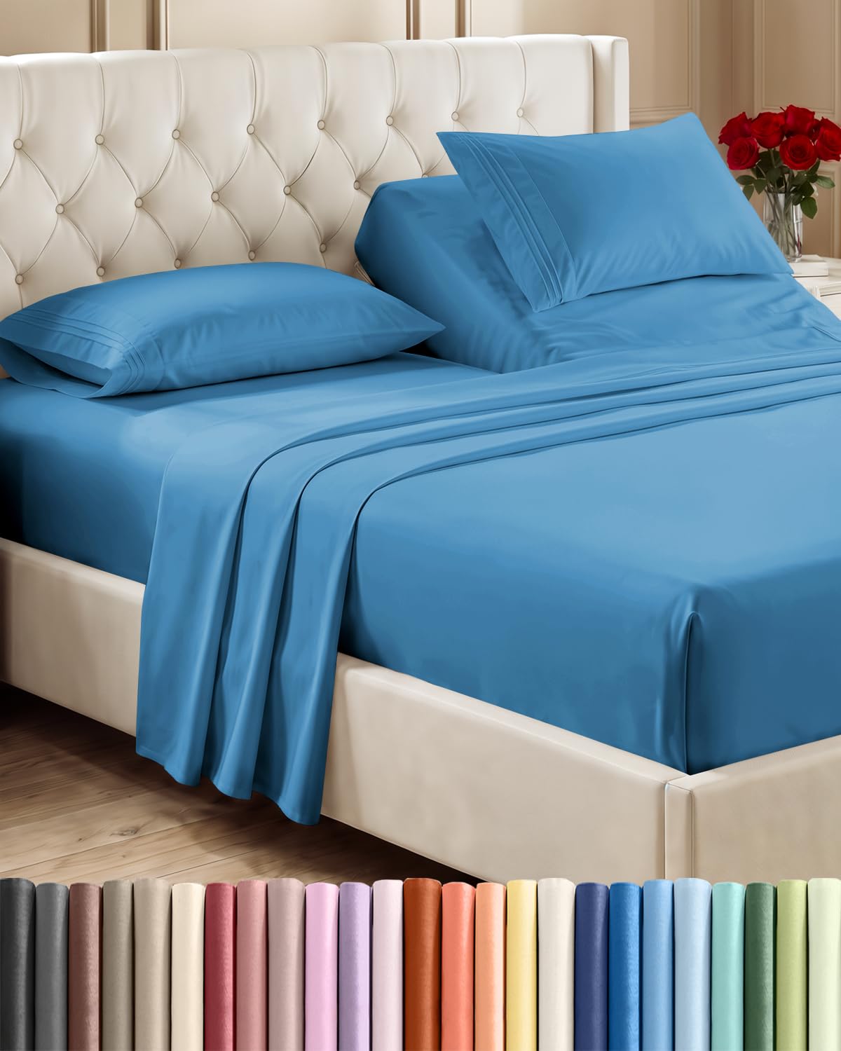Flex Top Split Head King 4 Piece Sheet Set - Soft &amp; Breathable - Denim Blue