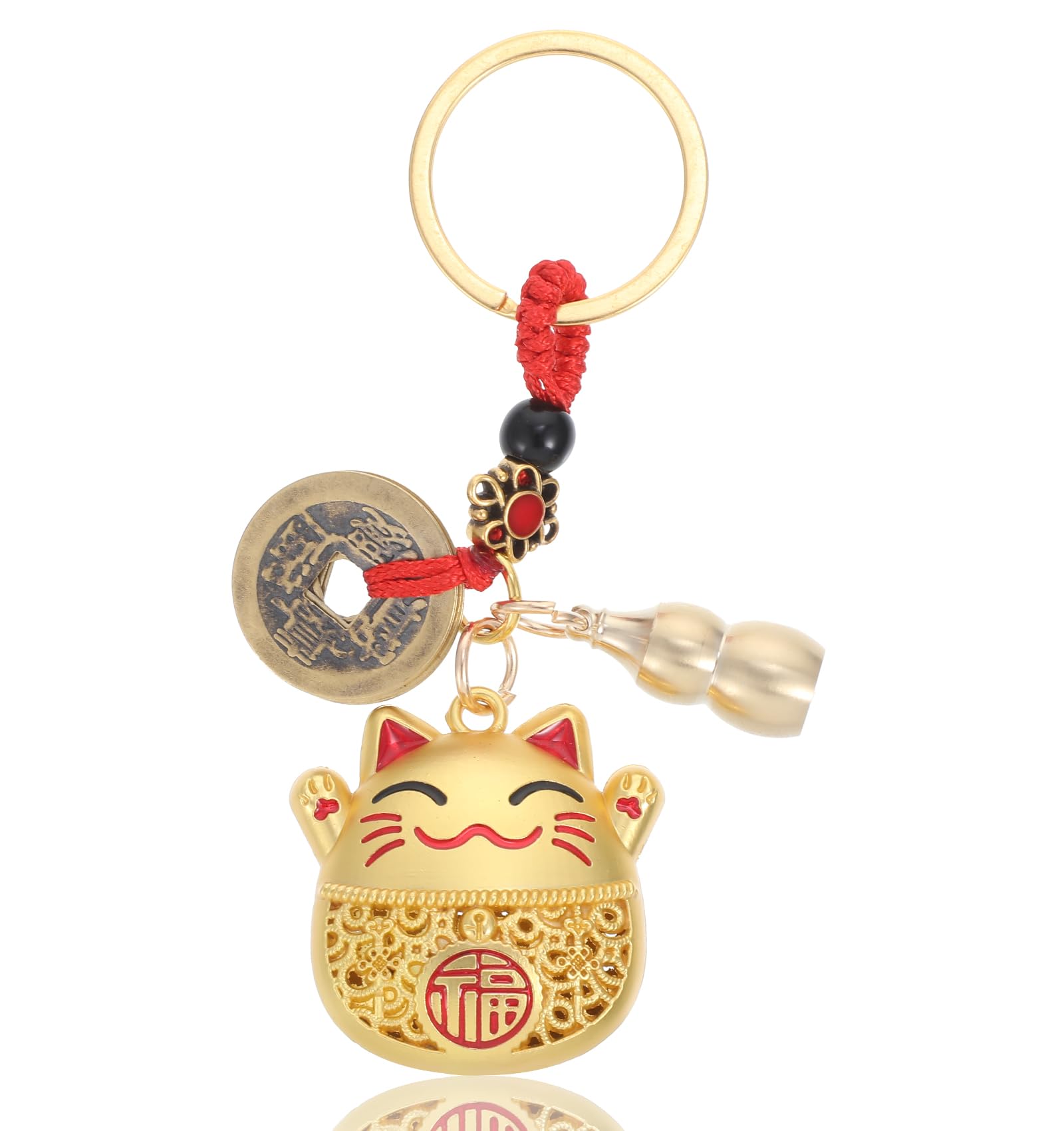 Maneki Neko Talizman na szczęście, japoński talizman z pięcioma monetami cesarskimi i dynią, 9,8 cm, figurka kota dla dobrobytu i ochrony