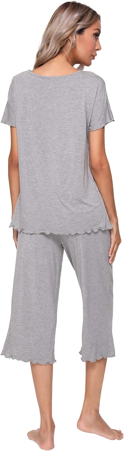 LazyCozy Womens Pajama Sets Viscose from Bamboo Pj Set Short Sleeve Top with Capri Pants Sleepwear 2 Piece Lounge Set - Image 2
