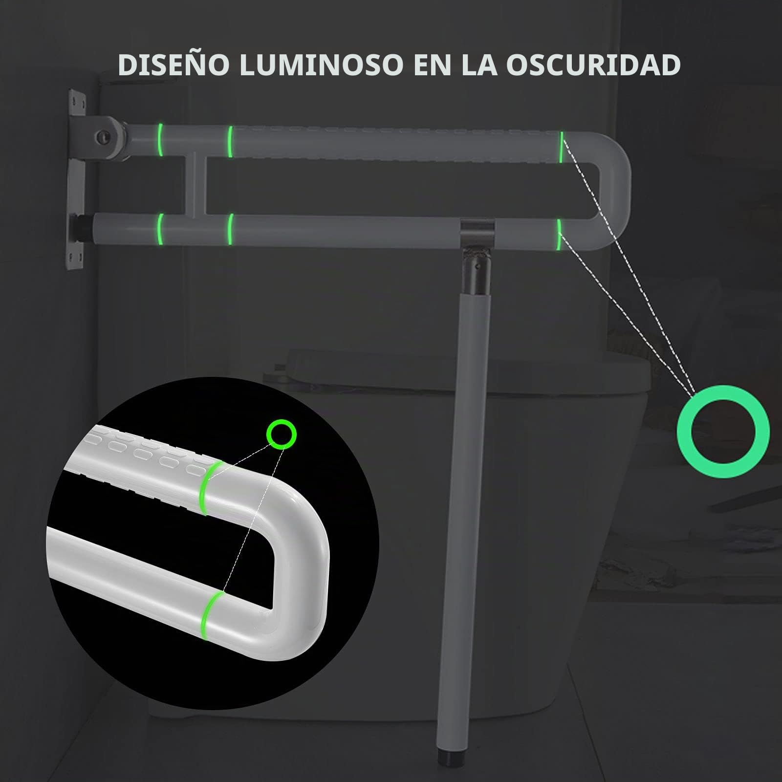 Barras De Agarre WC,pasamanos Antideslizantes,Agarre De Apoyo Para Personas Mayores De Pie,barra De Apoyo Con Un Anillo Luminoso,Rotación Horizontal De 180° O Vertical De 90°,con pierna