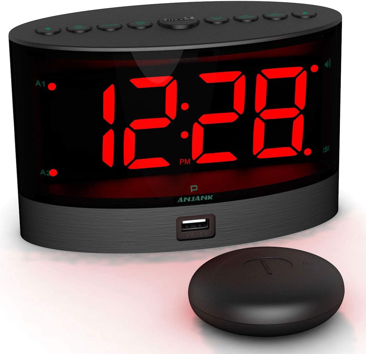 ANJANK Loud Alarm Clock with Wireless Bed Shaker, Powerful Vibrating Alarm Clock for Heavy Sleepers and Hard of Hearing, Large Number Display with Dimmer, Dual Alarm & USB Charger Port for Bedroom