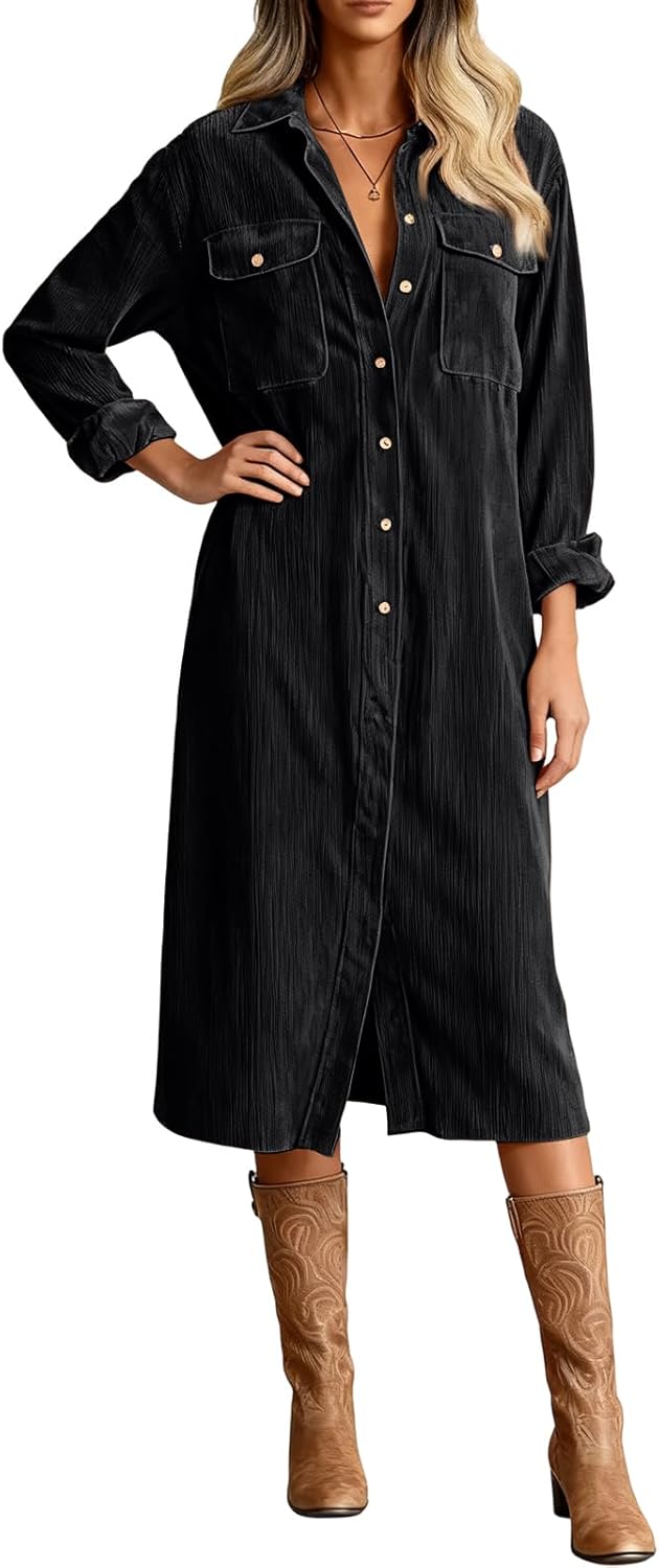 Corduroy Dress Women Midi Fall Vintage Long Sleeve Tunic Shirt Dress Elegant Casual Collared Button Down Work Dresses - Image 2